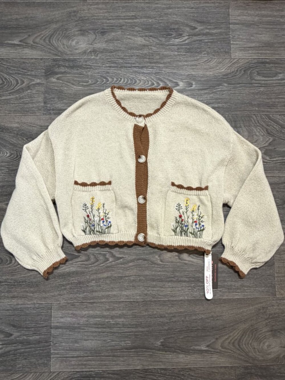 Cottagecore Beige Knit Cardigan 1XL Floral Embroidery Pockets Button Spring NEW